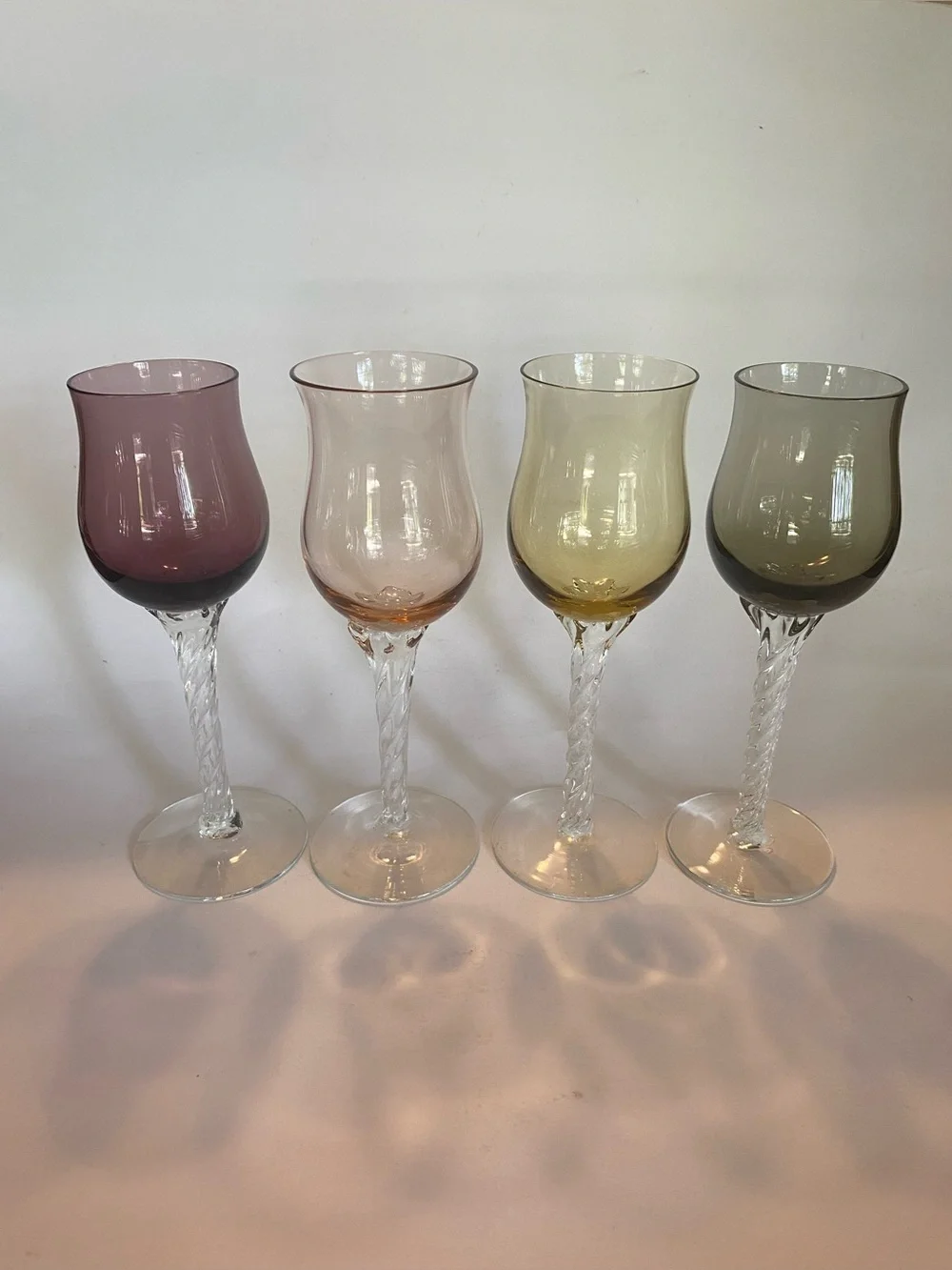 Vintage Multi-Color Harlequin Wine Glasses Applied Clear Twist Stem Set of 4 MCM
